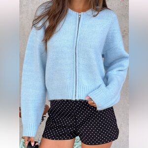 beginning boutique light blue zip up cardigan
